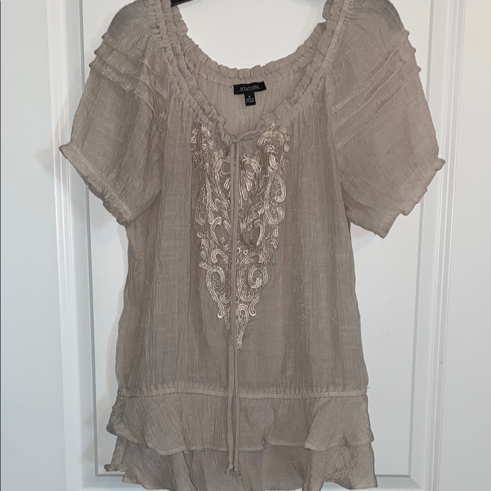 BCBGMaxAzria Taupe Embroidered Blouse